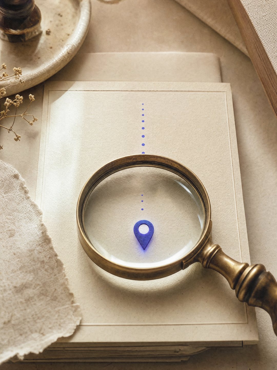 Une loupe en laiton révélant un repère de localisation indigo