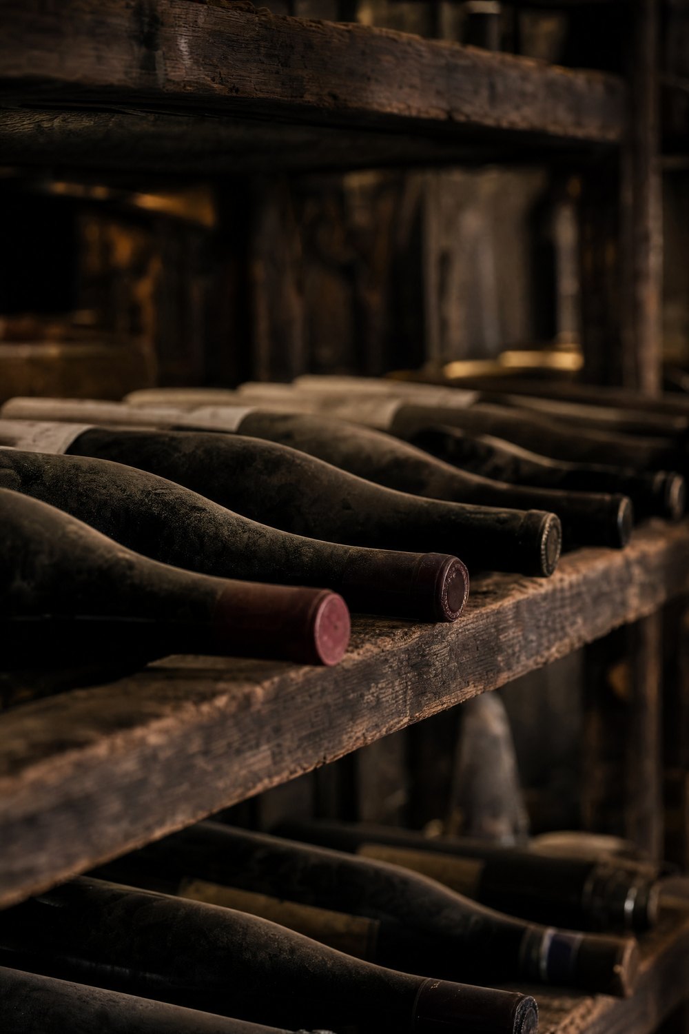 La cave — bouteilles de vignerons sur étagères de bois